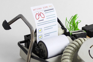 Close up on centerpiece of fax machine stethoscope hybrid.