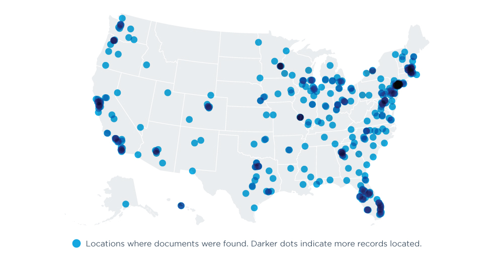 A map of the continental United States shows care locations outside Connecticut identified for Yale New Haven Health patients by Record Locator & Exchange. Records were found in 49 states and Puerto Rico.
